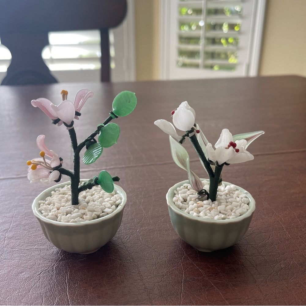 COPY - VTG Set Of 2 Chinese Glass Bonsai Trees; (Pink Flowers & White Tulips); …